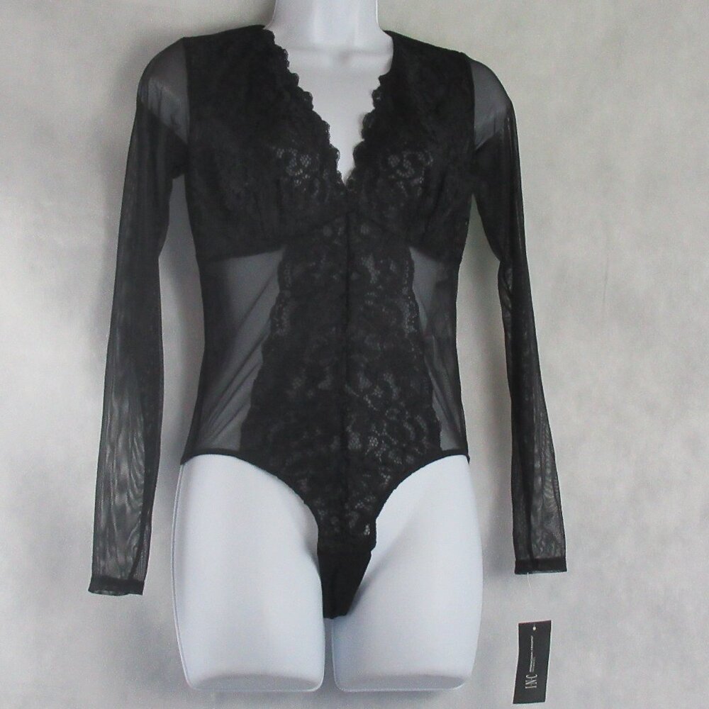 INC Women's Long-Sleeve Lace Mesh Thong Bodysuit, Deep Black